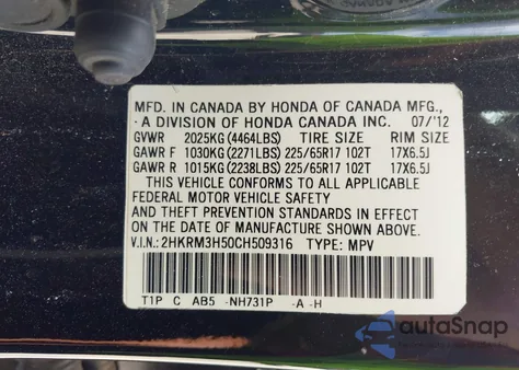 2012 Honda Cr-V Ex z USA, uszkodzony, nr VIN 2HKRM3H50CH509316